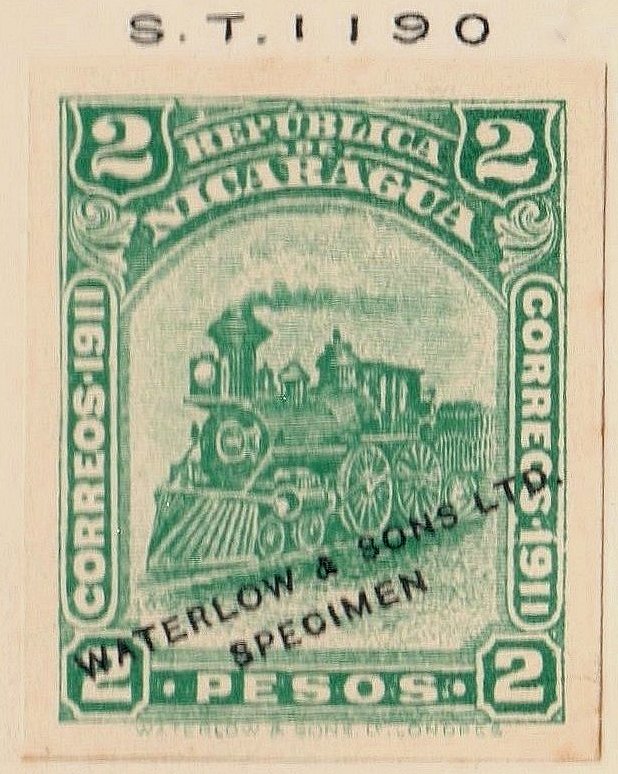 Nicaragua Waterlow 1912 Locomotive stamp 2 Pesos Green design Imperforate Printers' Sample Color Trials Specimen Stamps from Salesmen's books